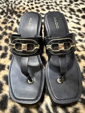 ALDO Black Thong Mules with Gold-Tone Buckle Accent